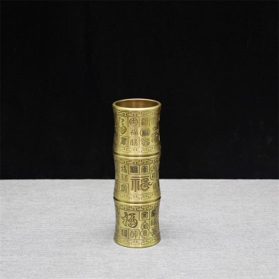 香筒 线香收纳百福雕刻插香筒黄铜竹节佛堂摆件图2